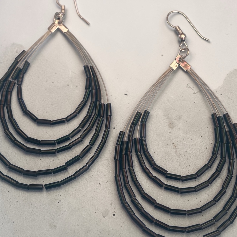 Layered Teardrop Beaded Earrings - Black